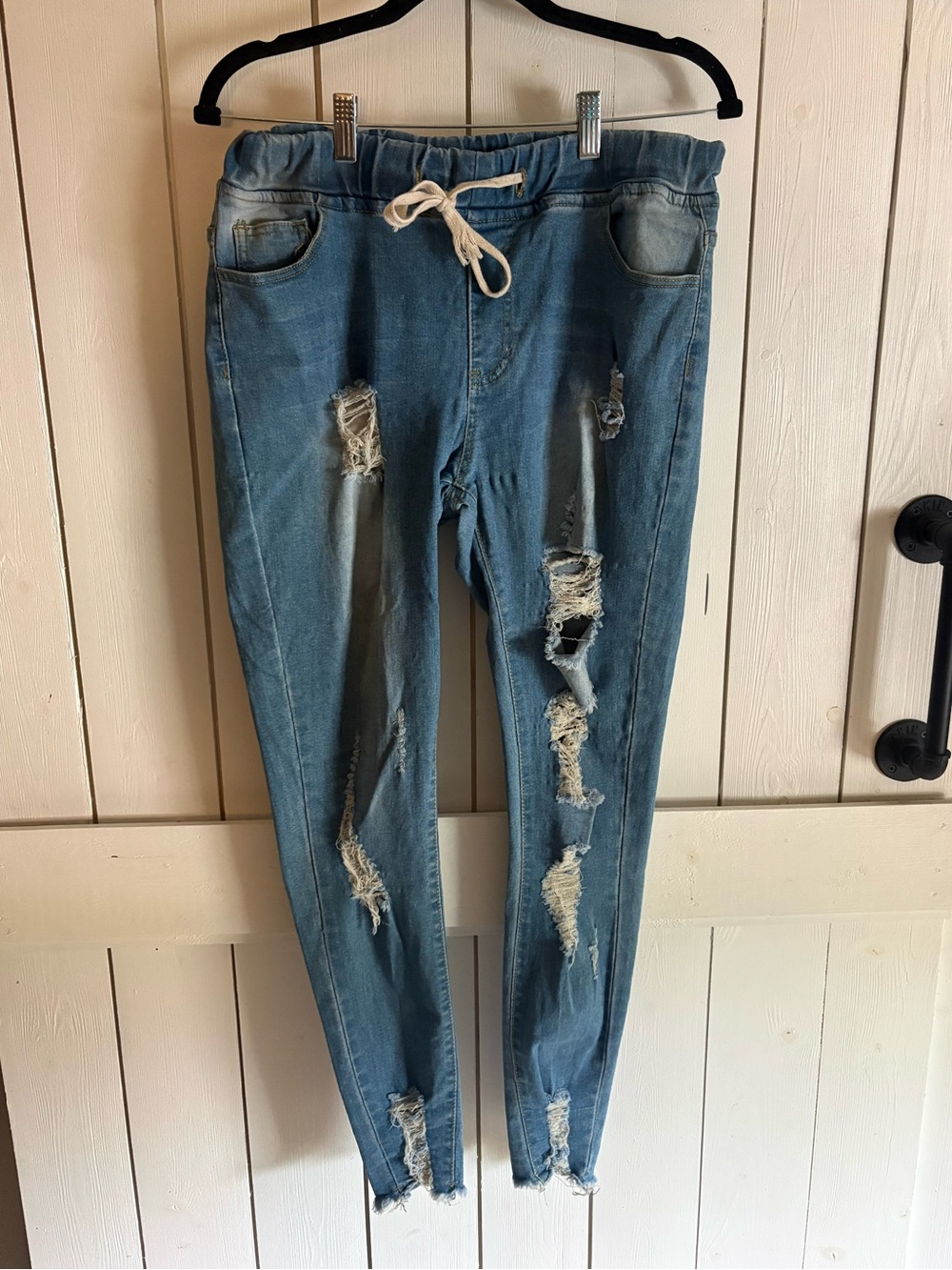 Light Blue Distressed Drawstring Denim Joggers